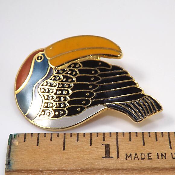 Laurel Burch Toucan Brooch, Gold Plated Cloisonne & Enamel, 1980 Vintage Jewelry - Picture 6 of 10